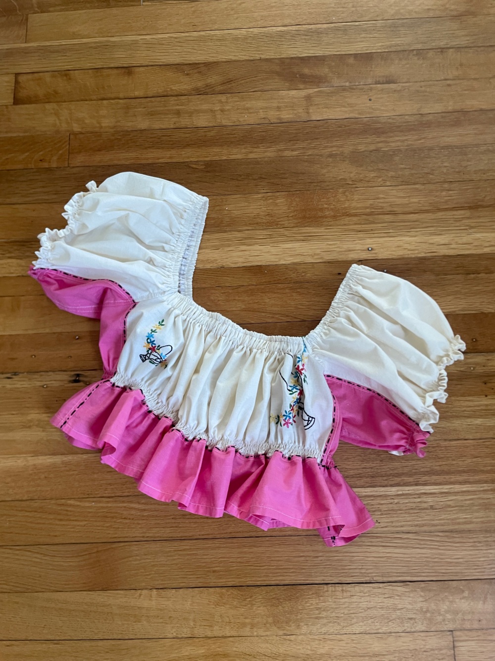 Handmade White and Pink Off-Shoulder Peasant Top with Embroidered Floral Detail